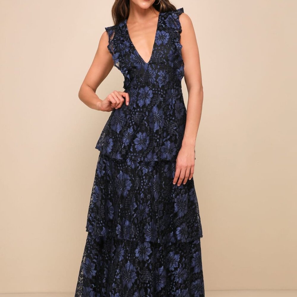 LULUS | Navy Blue Lace Ruffled Tiered Sleeveless Maxi Dress